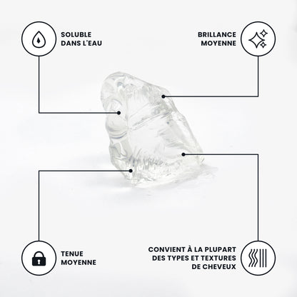 Texture transparente et bienfaits de la cire Easy Hold : soluble dans l’eau, brillance et tenue moyennes
