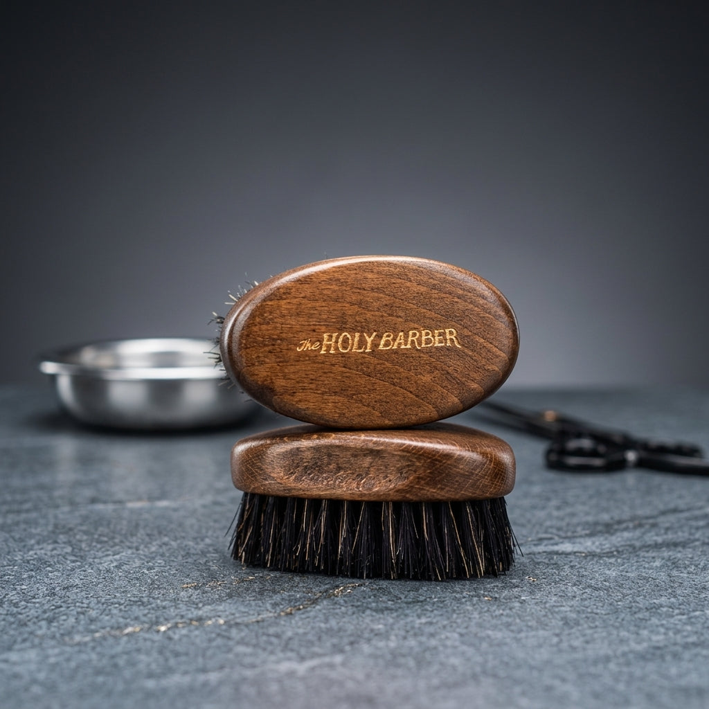 Brosse à barbe en bois The Holy Barber vue de dessus et de profil avec ses poils