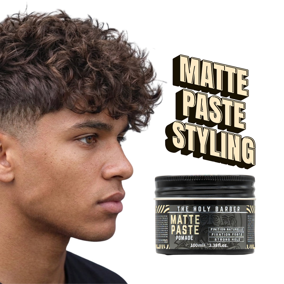Homme aux cheveux bouclés coiffé avec la cire Matte Paste The Holy Barber