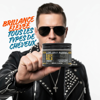 Homme présentant la cire Easy Hold The Holy Barber pour une coiffure brillante