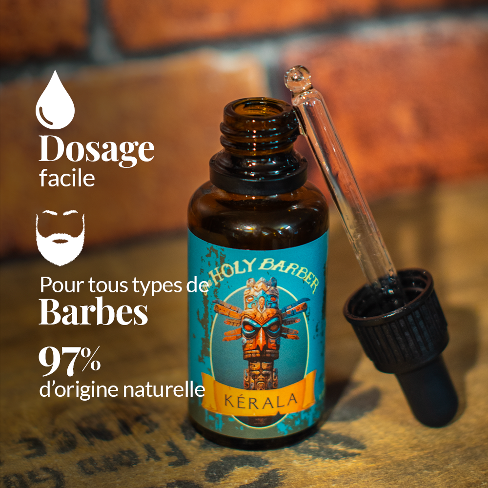 Huile pour barbe Kérala avec pipette, dosage facile et formule à 97 % d’origine naturelle