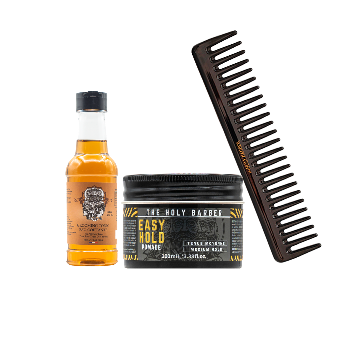 Kit coiffure avec cire Easy Hold 100 ml, Grooming Tonic 100 ml et peigne à dents larges The Holy Barber