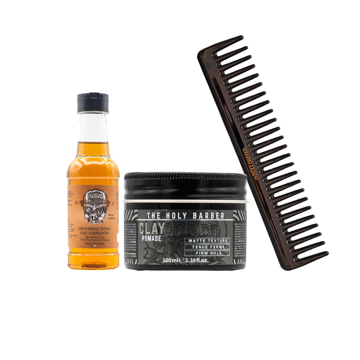 Kit coiffure avec cire Matt Clay 100 ml, Grooming Tonic 100 ml et peigne à dents larges The Holy Barber