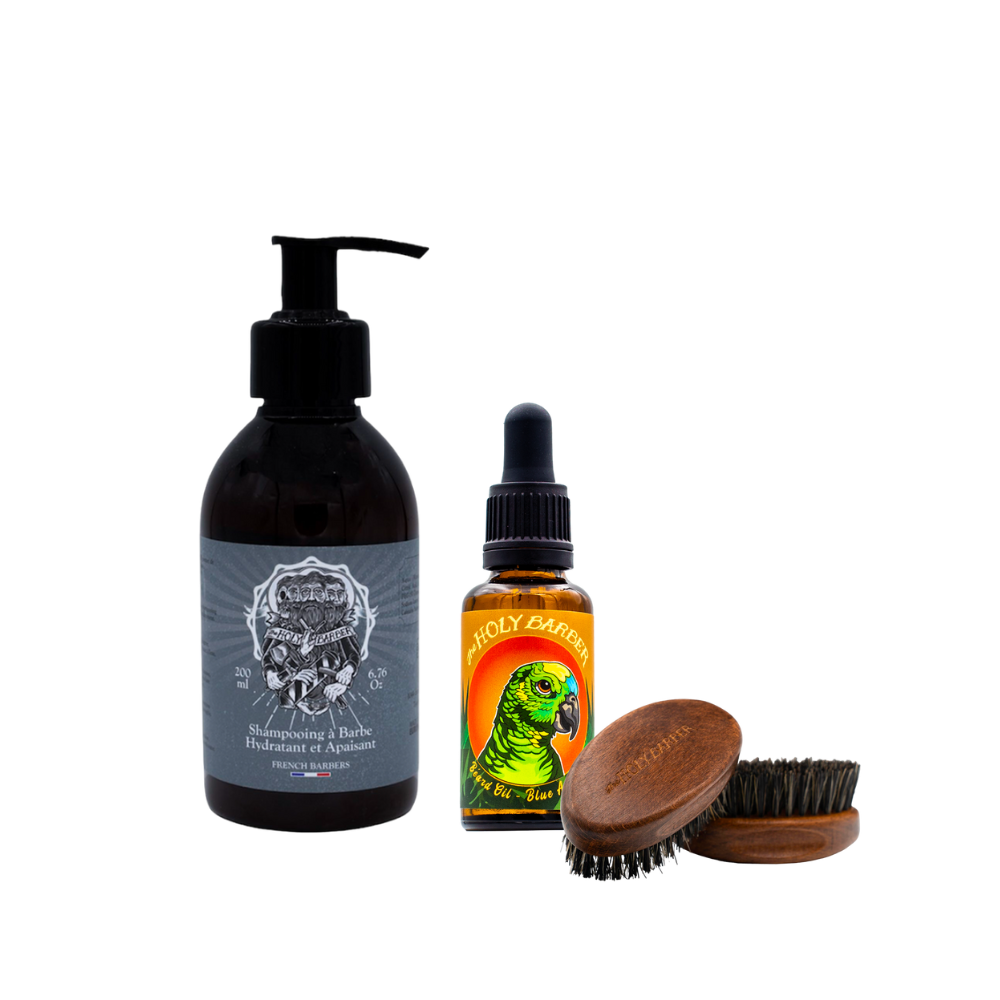 Kit barbe Blue Amazon avec shampoing, huile et brosse en bois The Holy Barber