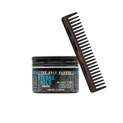 Kit coiffure avec pommade Strong Hold 100 ml et peigne à dents larges The Holy Barber